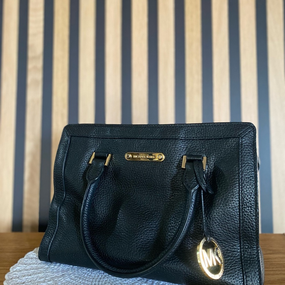 Michael Kors Black Pebbled Leather Satchel with Gold Hardware